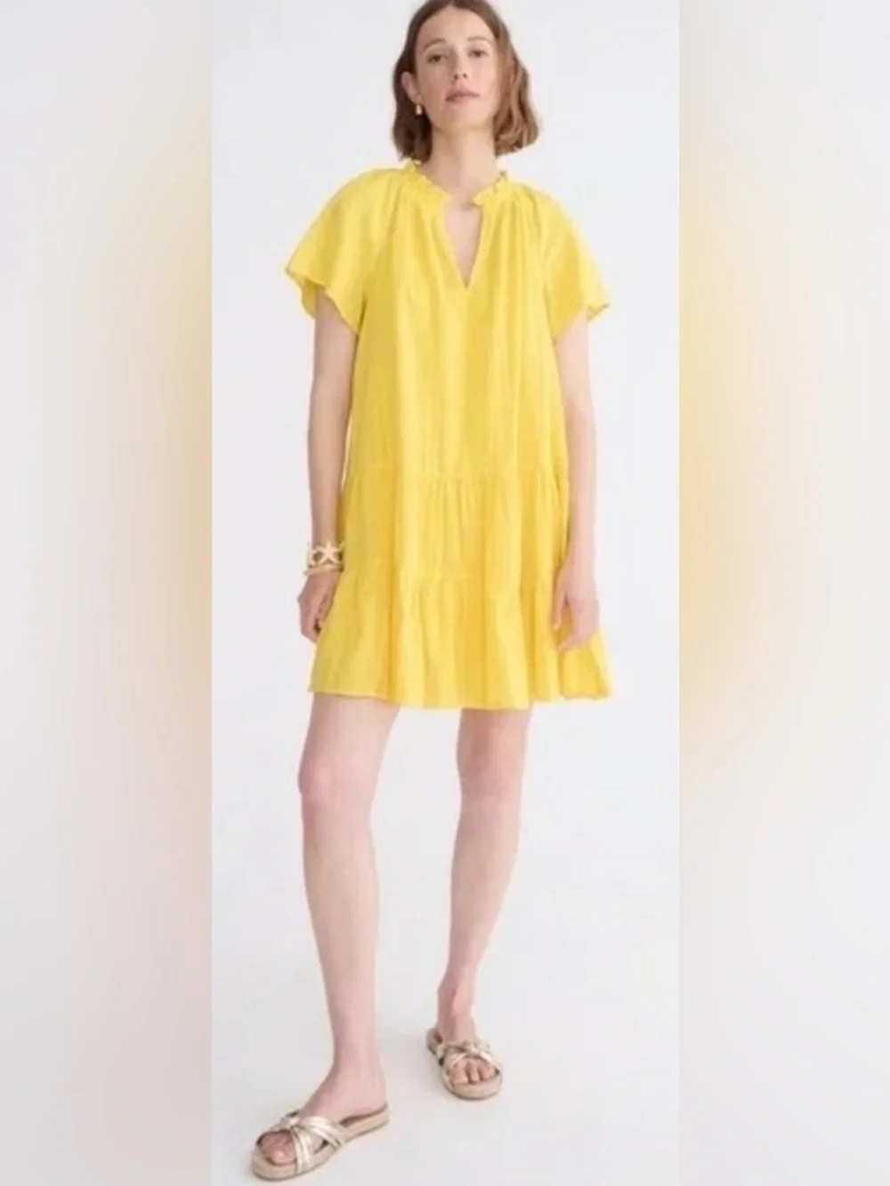 J Crew Ruffle Trim Tiered Dobby Cotton Dress Bright Yellow Breezy Loose NWT XS
